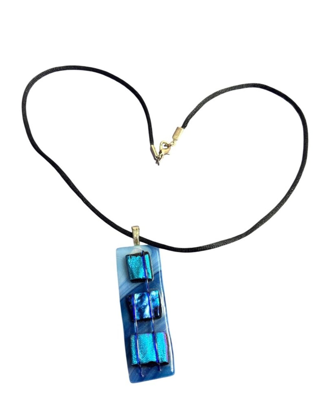 Blue Geometric Art Glass Pendant Necklace Black Cord Silvertone Lobster Clasp